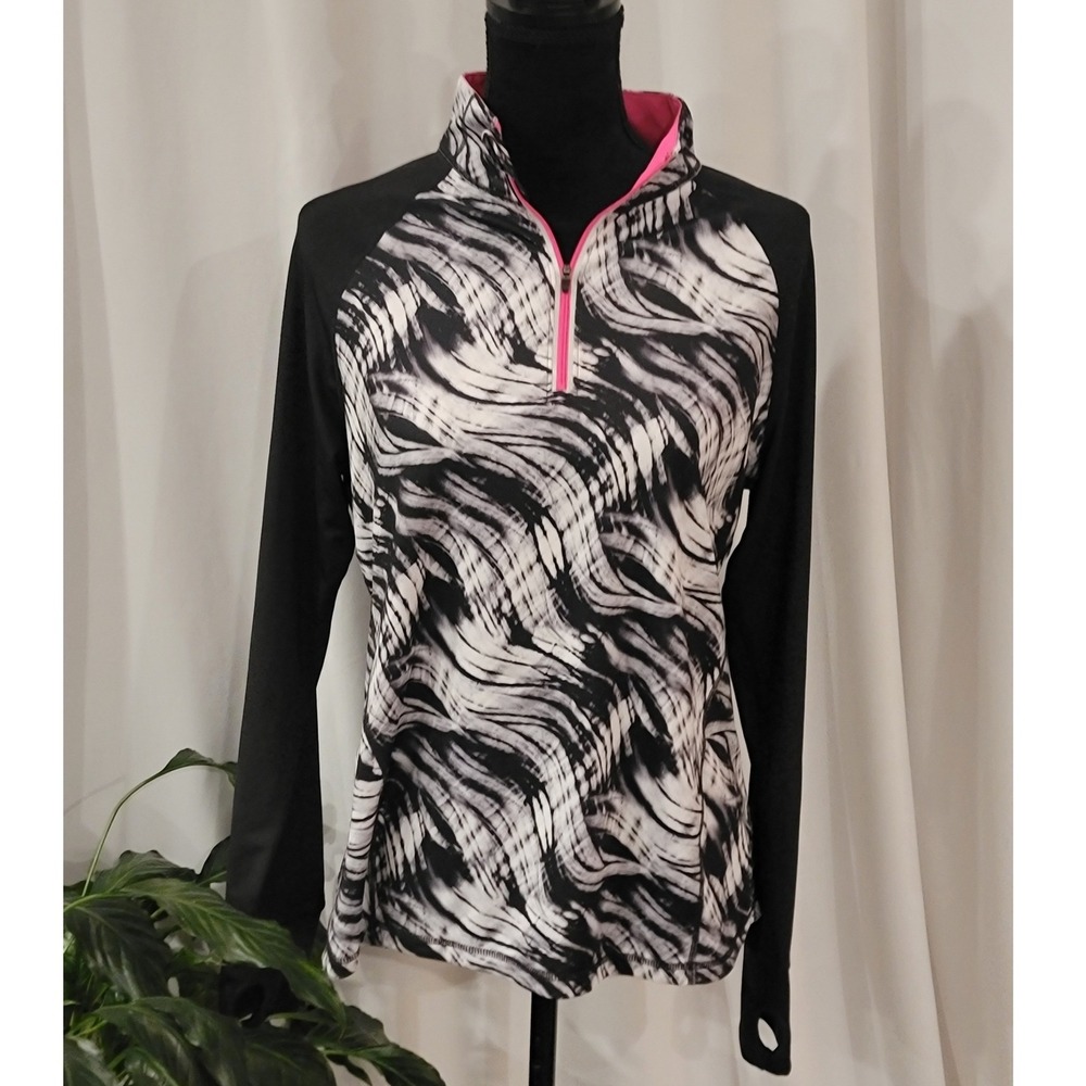 Ideology Womens Large Black White Abstract Print Quarter Zip Active Top‎